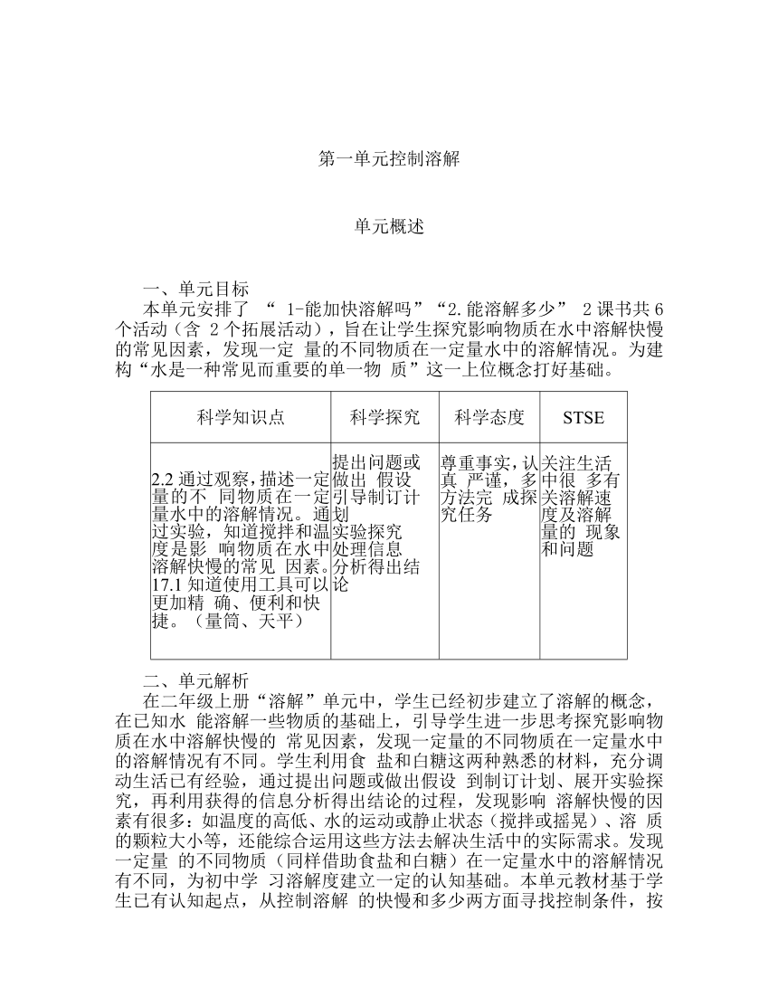 第一单元 控制溶解 单元概述