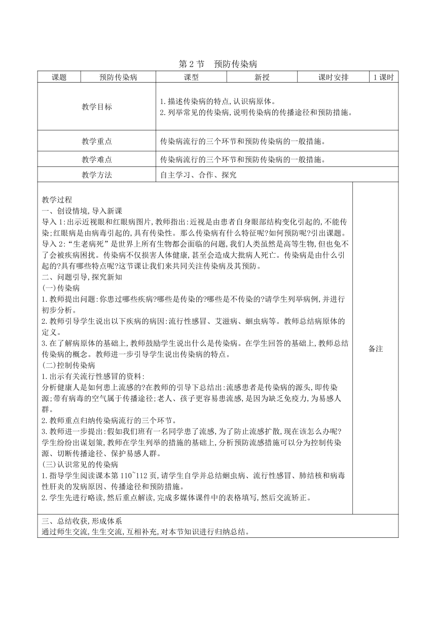 4.13.2预防传染病教案（表格式）2023-2024学年度北师大版生物学七年级下册