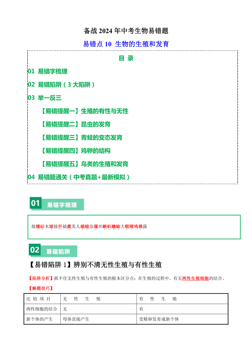 易错点10 生物的生殖和发育-备战2024年中考生物易错题（含解析）