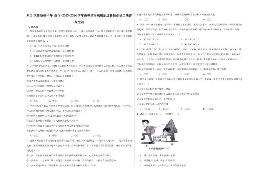 6.2夫妻地位平等练习（含解析）-2023-2024学年高中政治统编版选择性必修二法律与生活