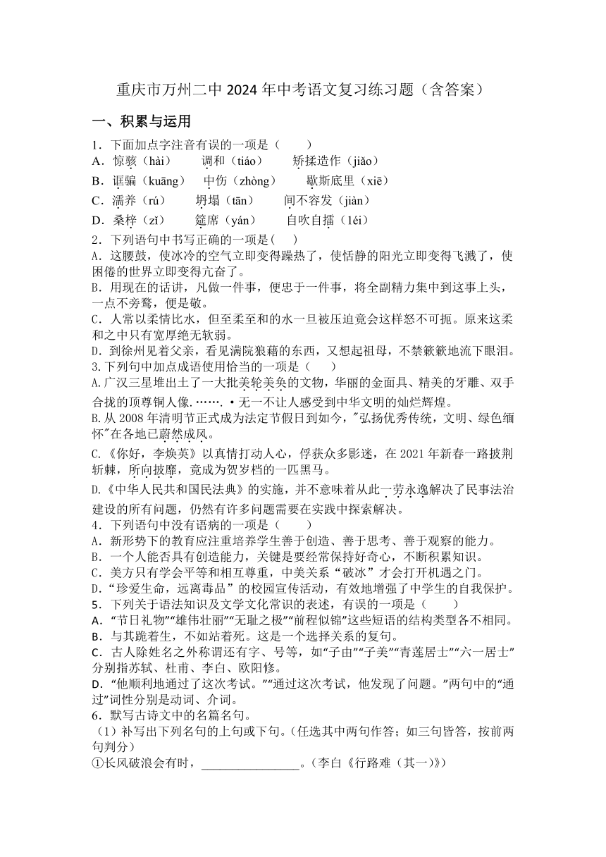 重庆市万州二中2024年中考语文复习练习题（含答案）
