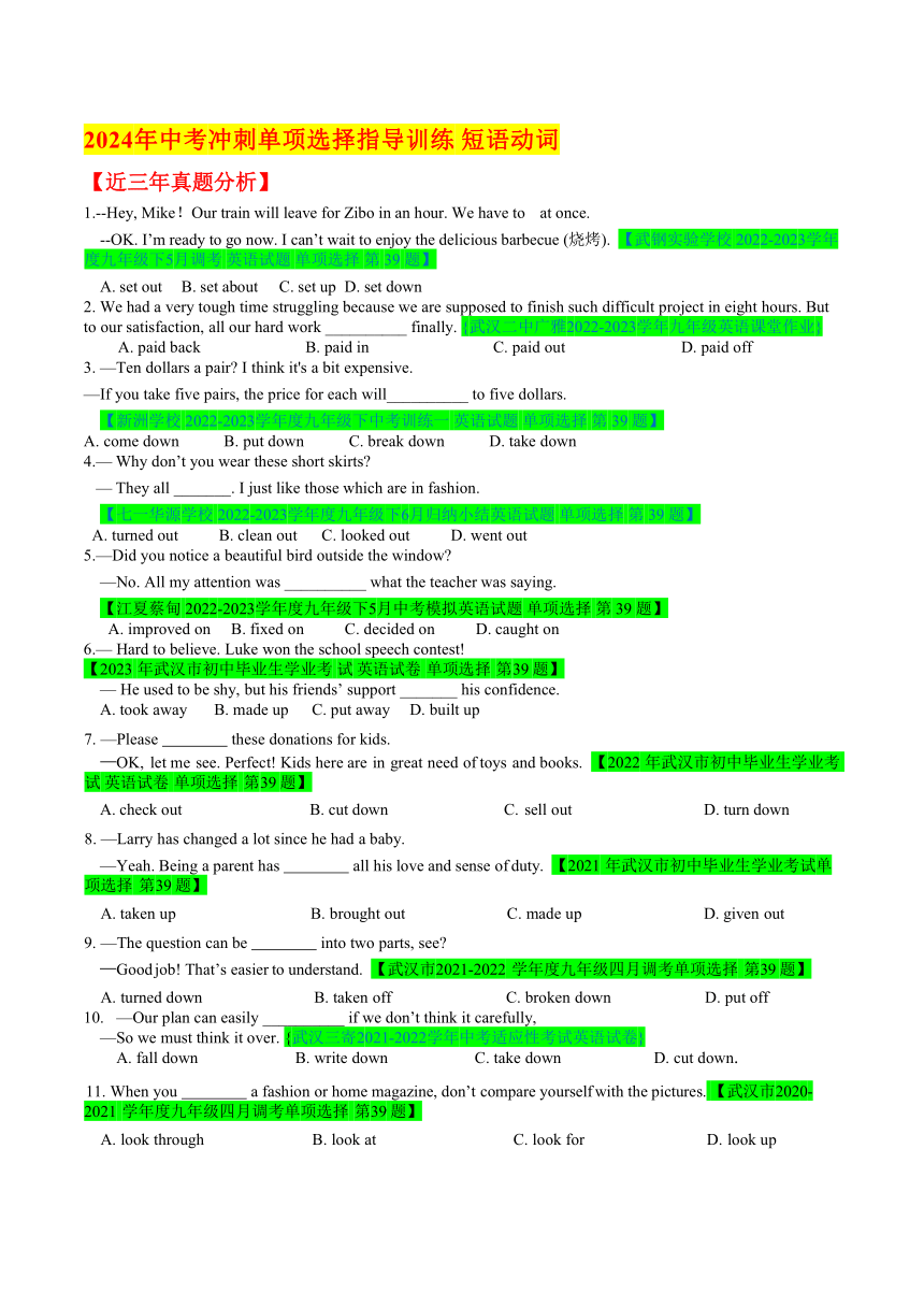2024 年中考单项选择指导训练 短语动词练习（无答案）