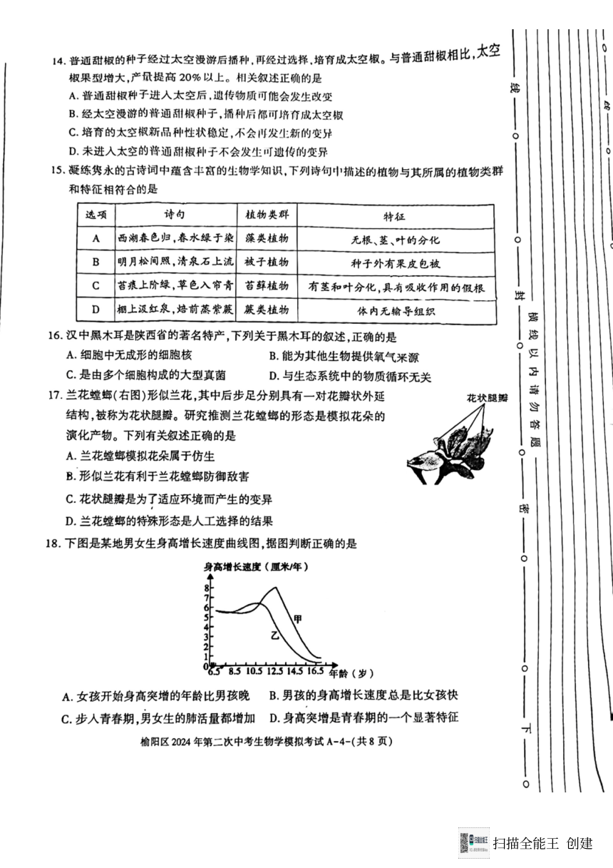 陕西省榆林市榆阳区2024年第二次中考模拟考试---生物（pdf版含答案）