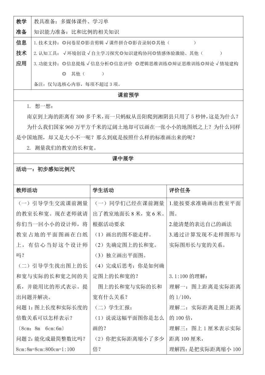 《比例尺的意义》 教案 -五年级下册数学青岛版（五四学制）（表格式）