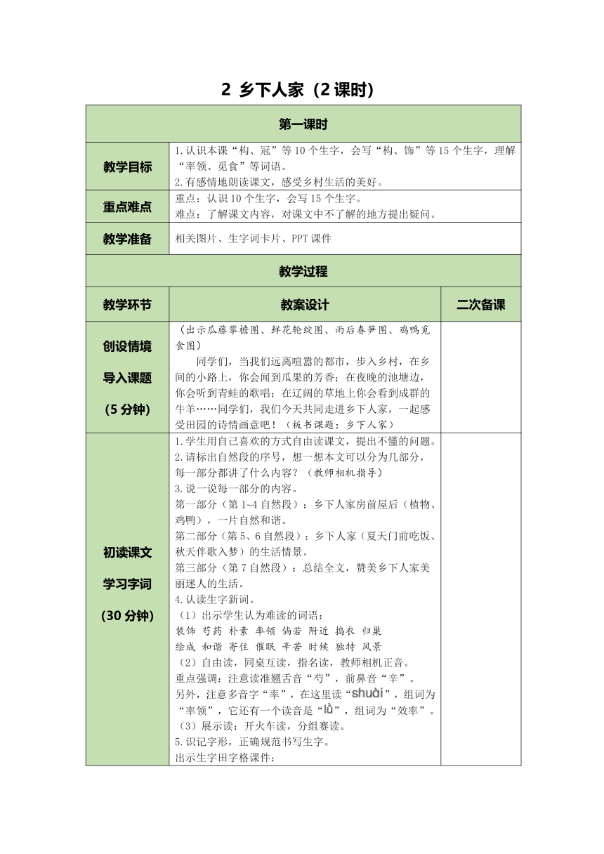 2 乡下人家  表格式教案（2课时 含反思）