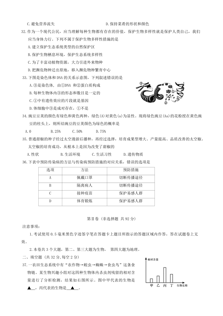 2024年四川省乐山市夹江县初中学业水平适应性考试地理生物试题（缺地理答案）