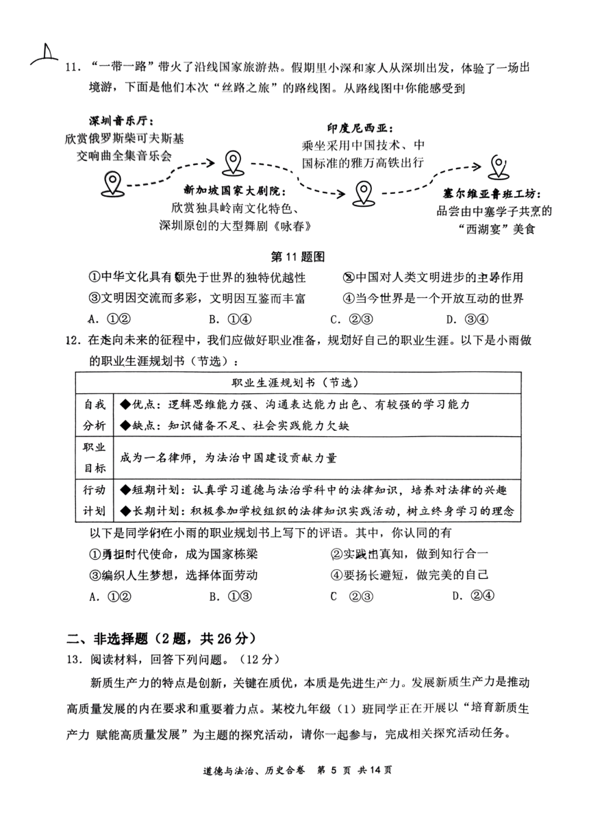 广东省深圳市龙岗区2024年中考二模考试道德与法治历史试题（pdf版，无答案）