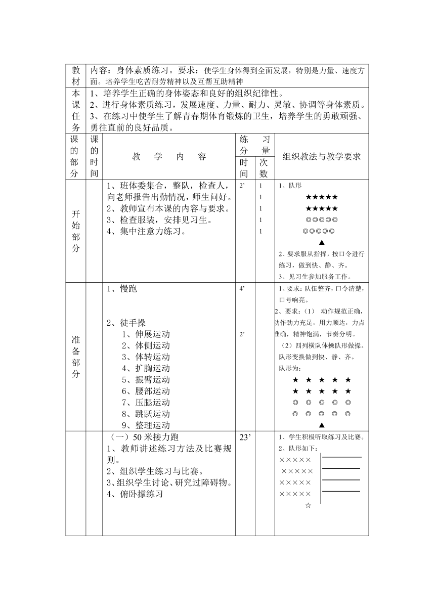 七年级下册体育课 教案身体素质练习