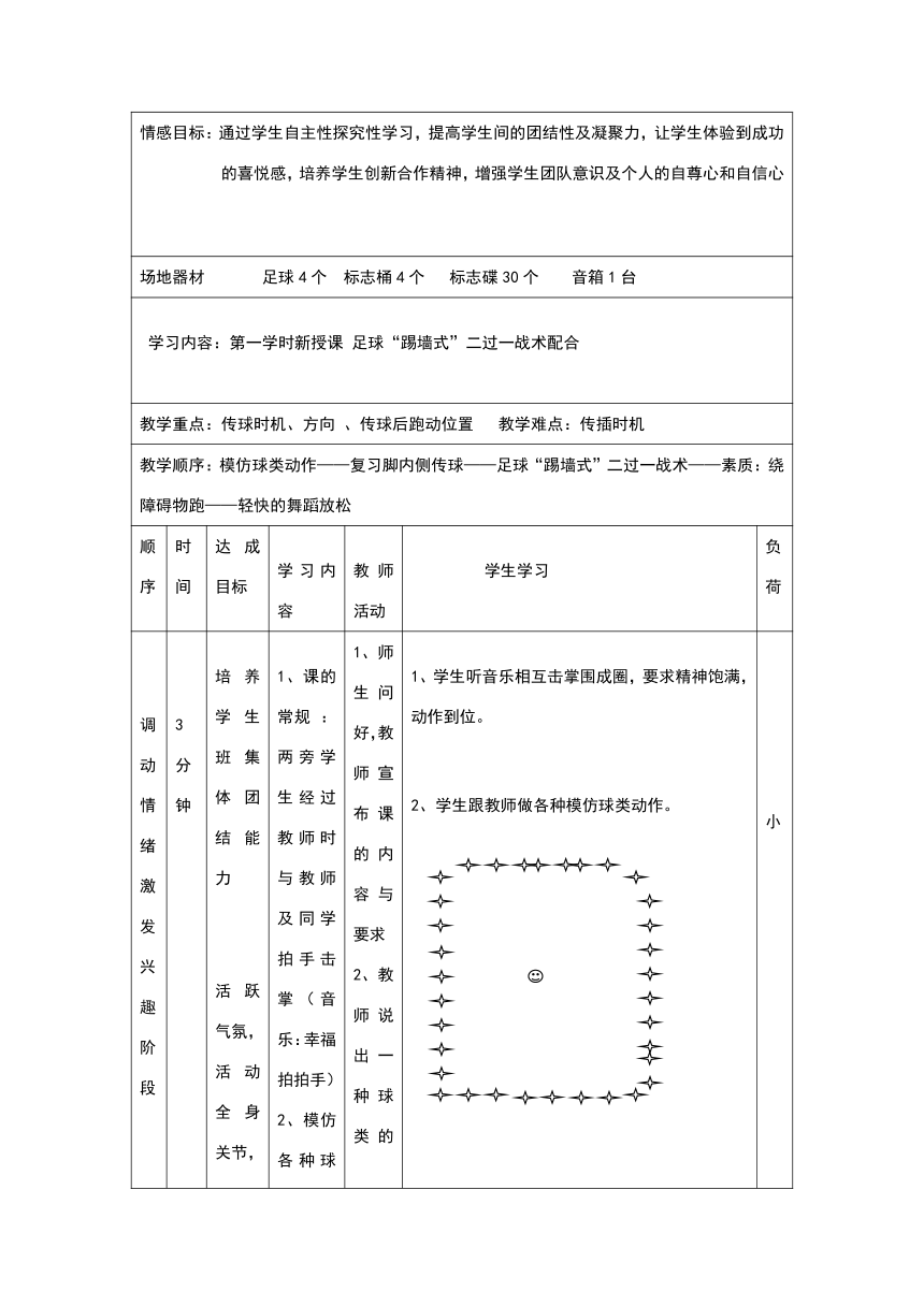 《足球“踢墙式”二过一战术配合 》教学设计（表格式）