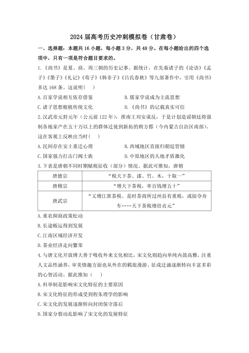 2024届甘肃省高三高考冲刺模拟考试历史试卷（含解析）