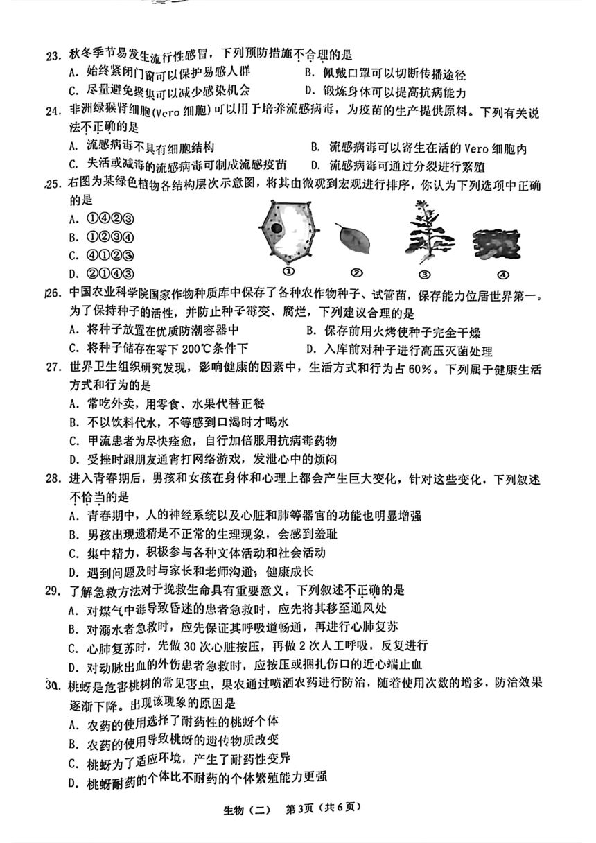 2024年海南省三亚市中考二模考试生物试题（pdf版无答案）
