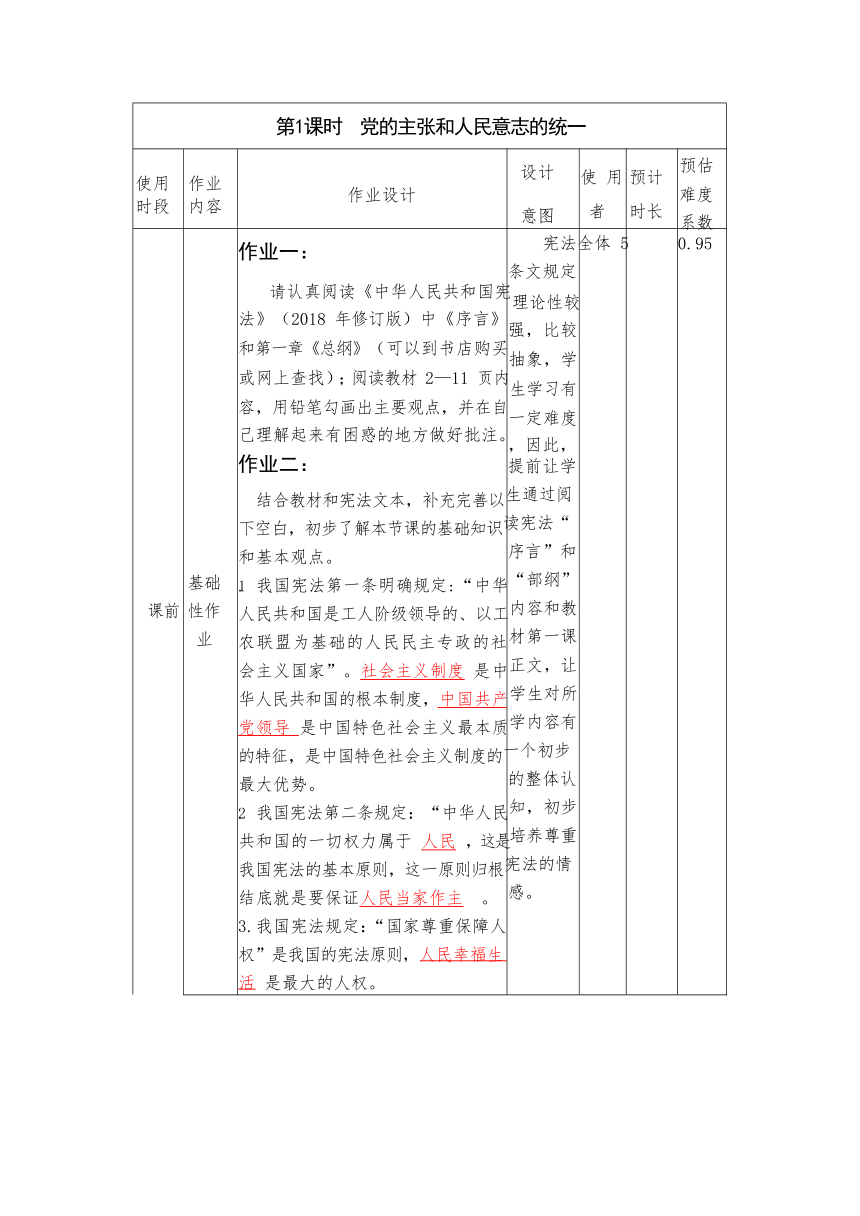 第一单元 坚持宪法至上 作业设计（表格式）-2023-2024学年统编版道德与法治八年级下册