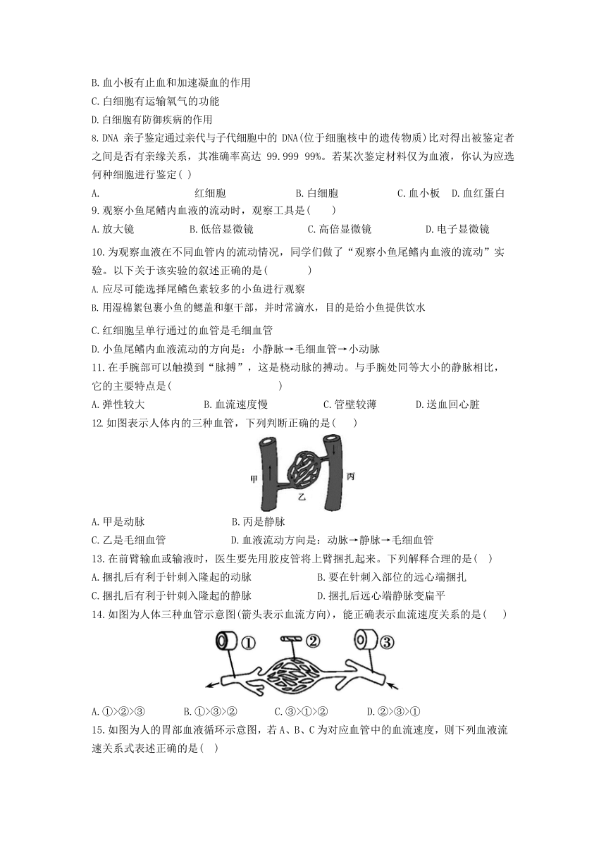 2020年初中生物人教版七年级下册 第四单元第四章 人体内物质的运输 单元质量检测习题（含答案解析）