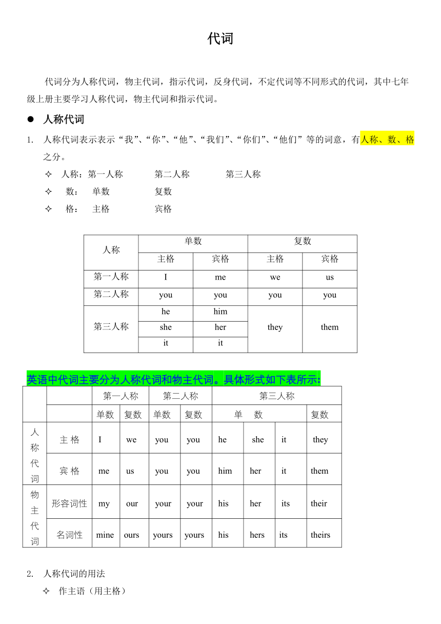 期末复习人称代词练习 （无答案）人教版英语七年级上册