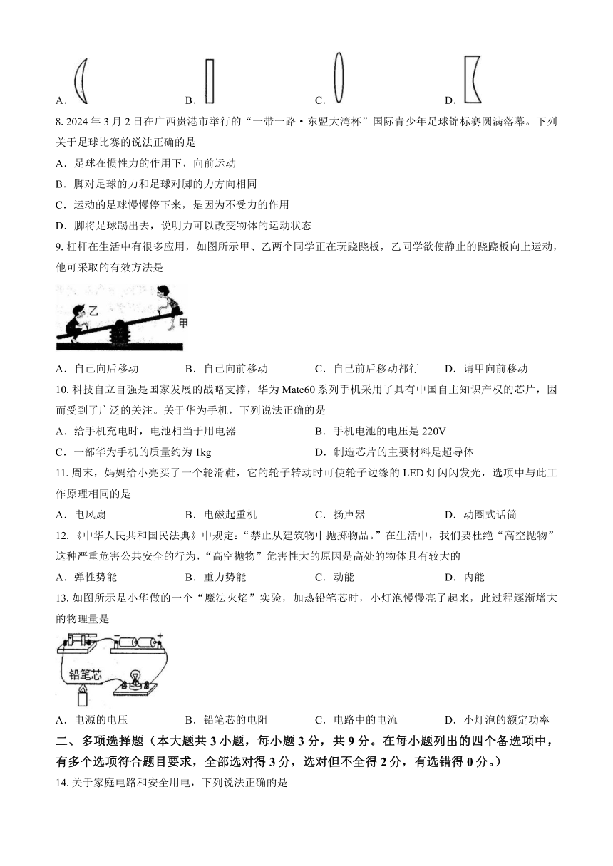 2024年广西壮族自治区玉林市中考一模物理试题（含答案）