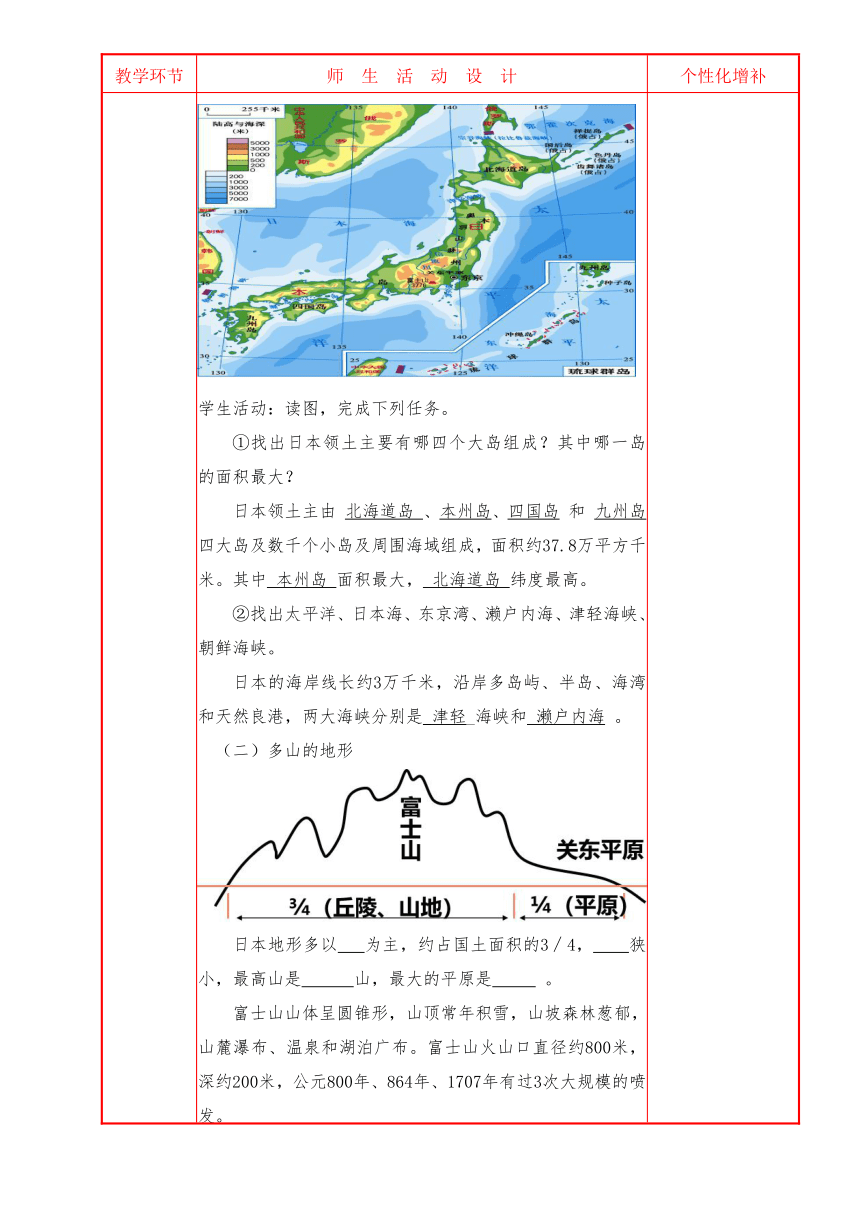 第八章第一节《日本》第1课时 教案（表格式） 2023-2024学年七年级地理下册湘教版