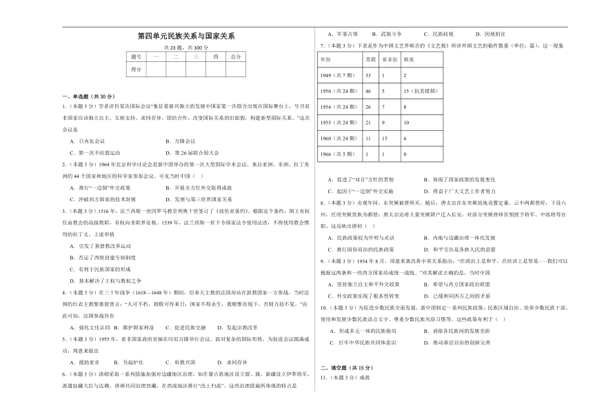第四单元 民族关系与国家关系 单元测试--2023-2024学年高二上学期历史统编版（2019）选择性必修1国家制度与社会治理
