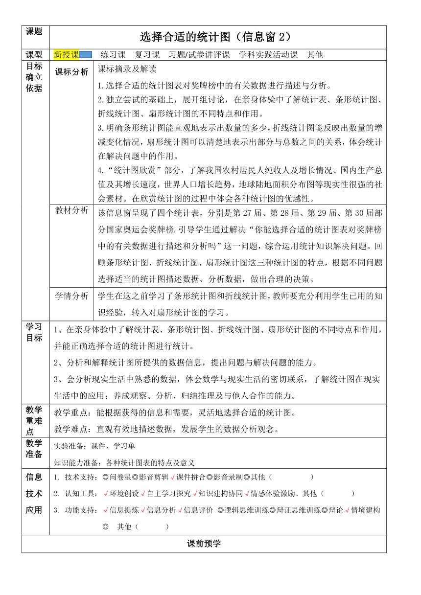 《选择合适的统计图》 教案 青岛版（五四制）五年级下册数学（表格式）