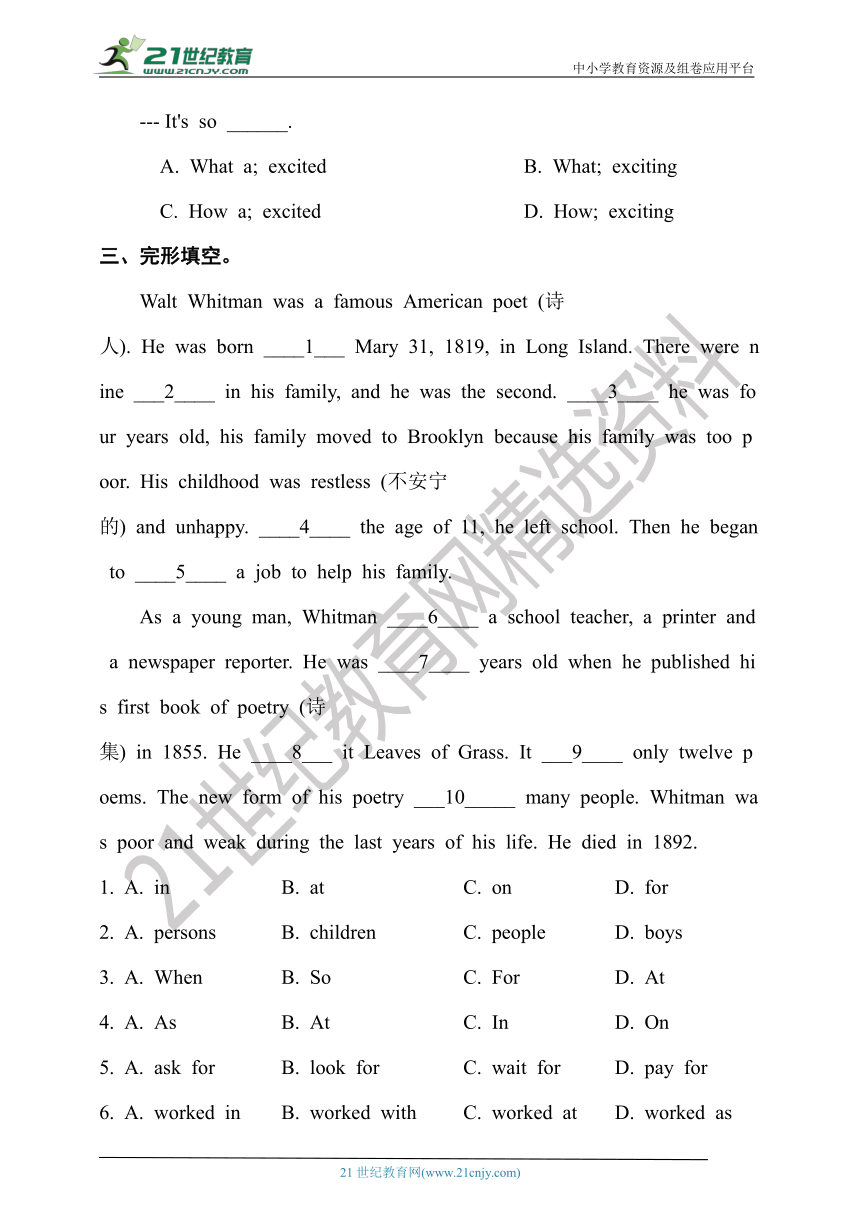 Unit 7 Poems Period 1 ReadingⅠ同步练习