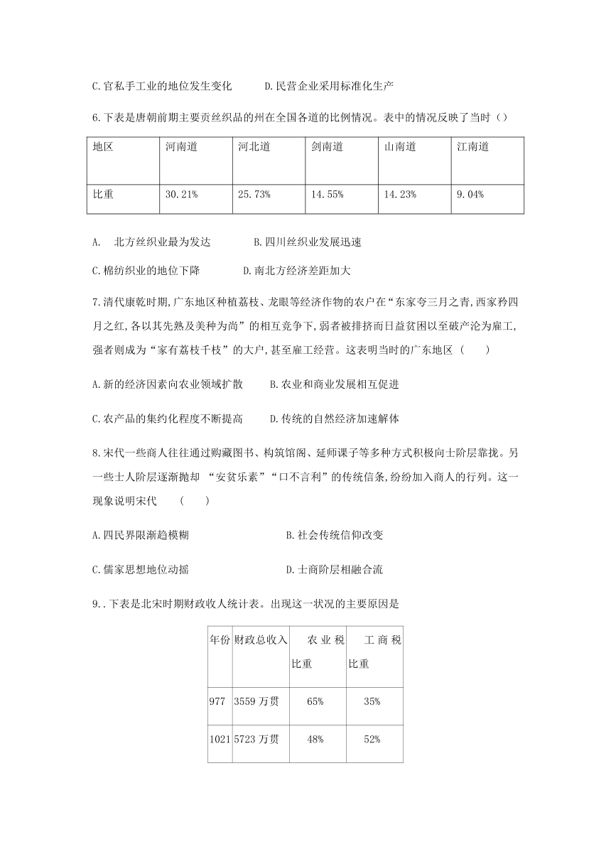 高中历史人教版必修二第一单元《古代中国的经济结构与特点》单元测试卷