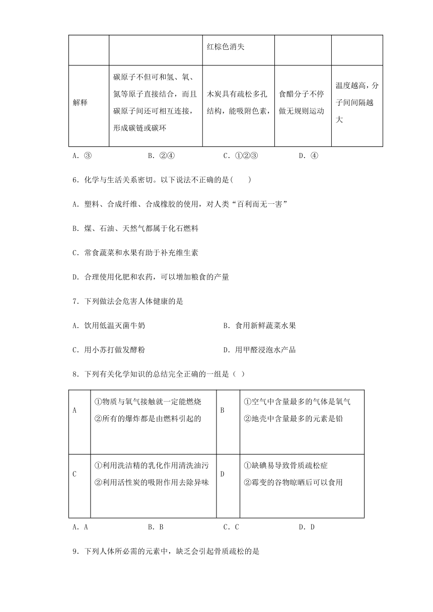 鲁教版化学九年级下册第十单元《化学与健康》测试题（含答案）