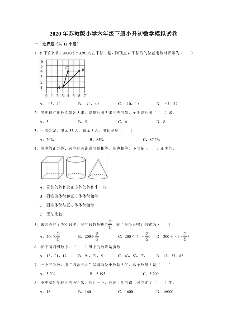 2020年苏教版小学六年级下册小升初数学模拟试卷4（解析版）