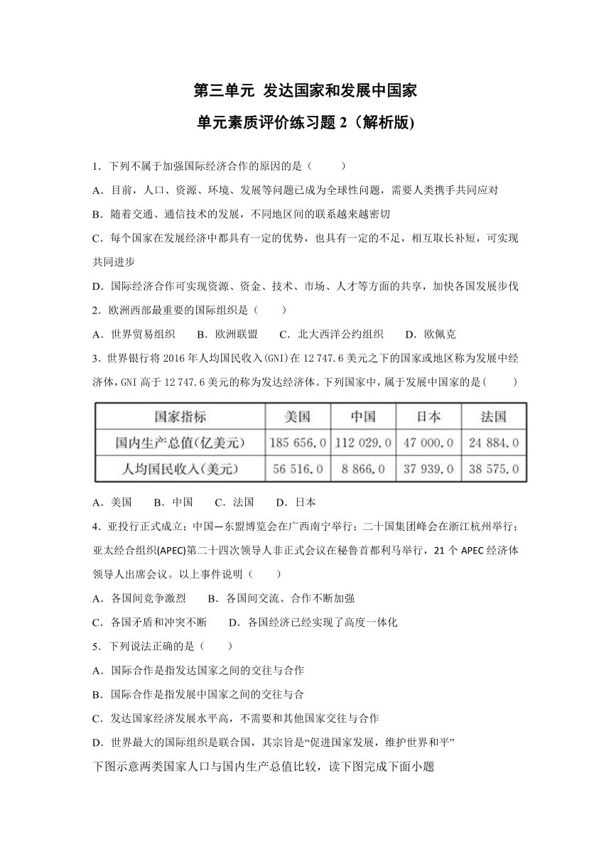 第三单元 发达国家和发展中国家 单元素质评价练习题2（解析版)