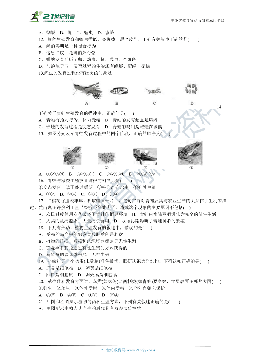 人教版八年级下册单元测试题一（第七单元第一章生物的生殖和发育 含答案）