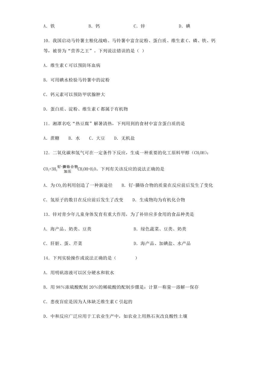 鲁教版化学九年级下册第十单元《化学与健康》测试题（含答案）