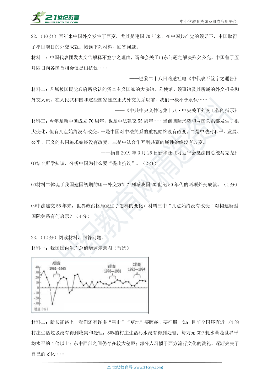 2020中考复习社会法治线上教学学力检测（范围：九年级上下册）(含答案）