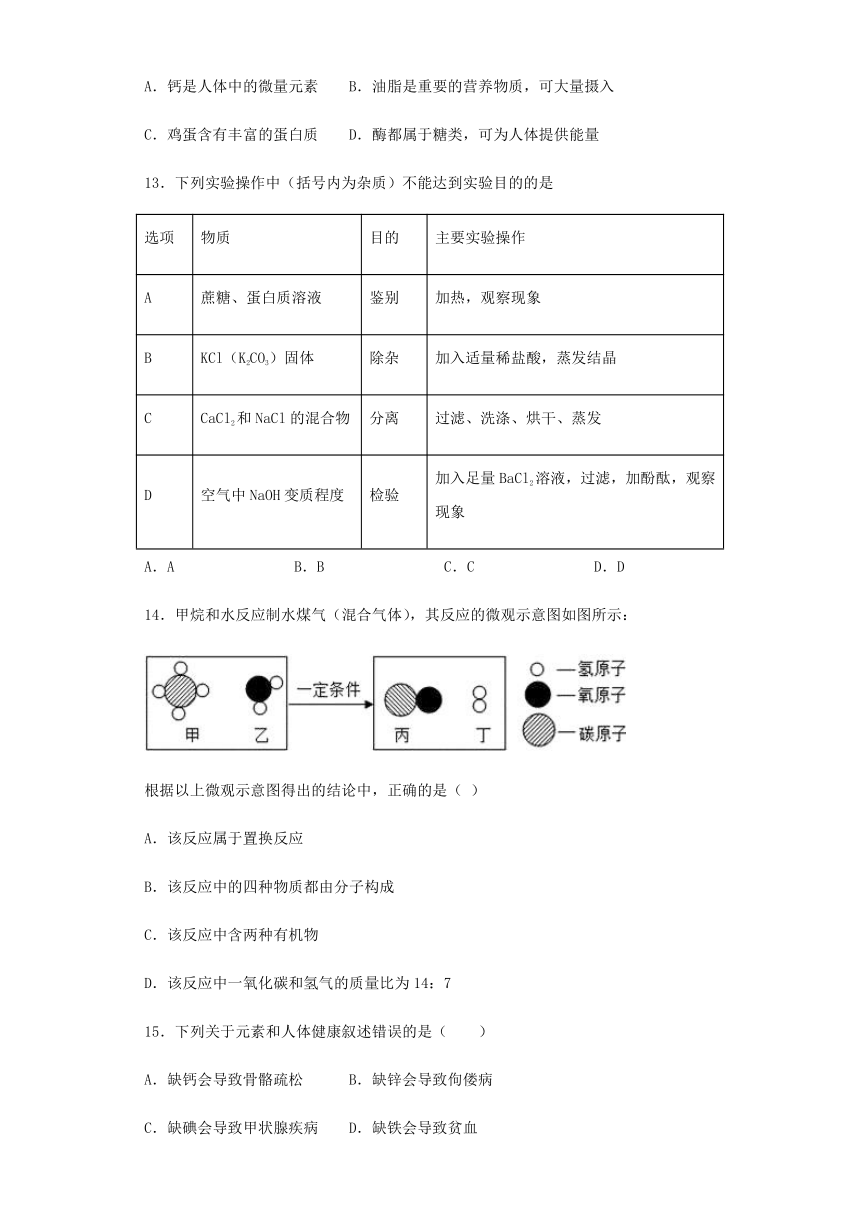 鲁教版化学九年级下册第十单元《化学与健康》测试题（含答案）