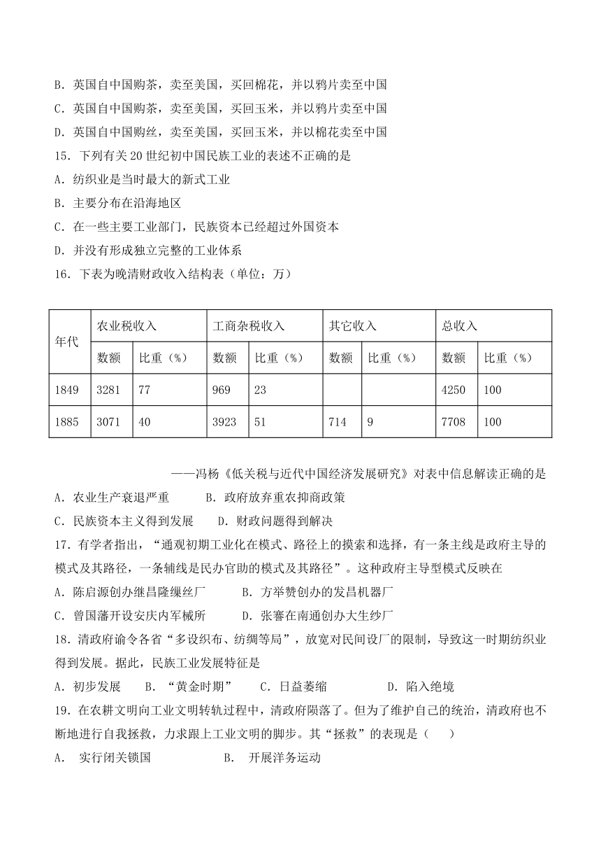 人教版高中历史必修2第三章《近代中国经济结构的变动与资本主义的曲折发展》检测题（含答案）