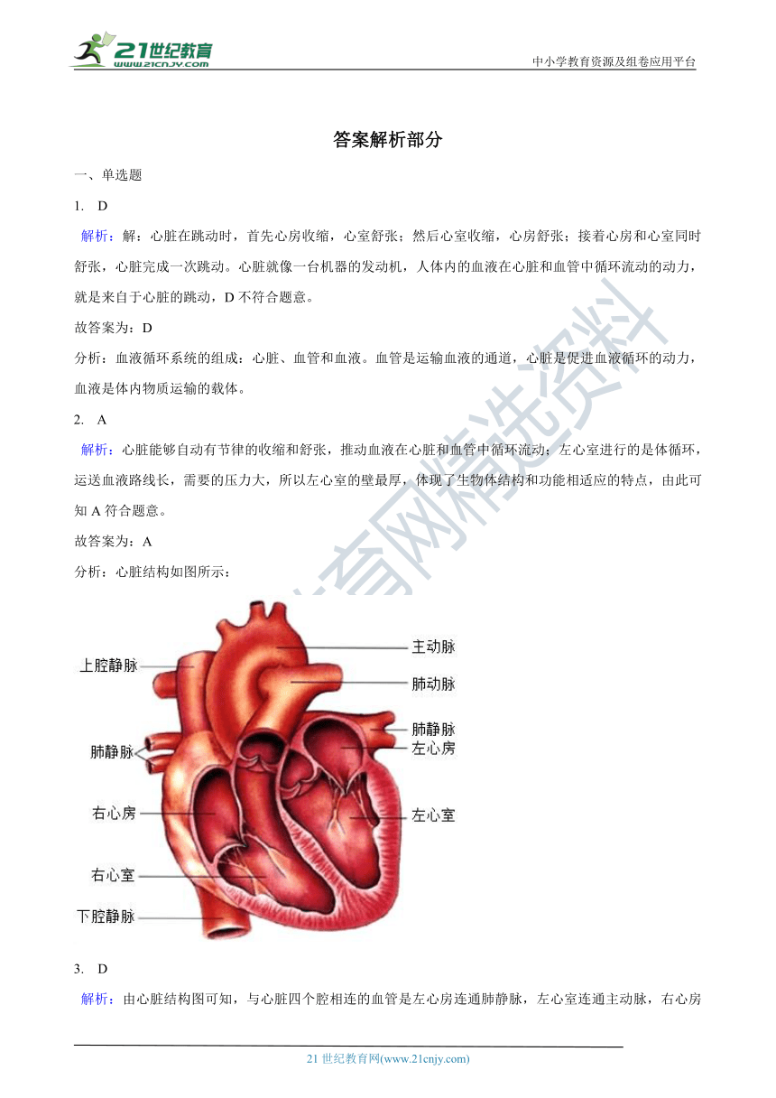 初中生物人教版七年级下册4.3输送血液的泵──心脏 同步训练（含解析）