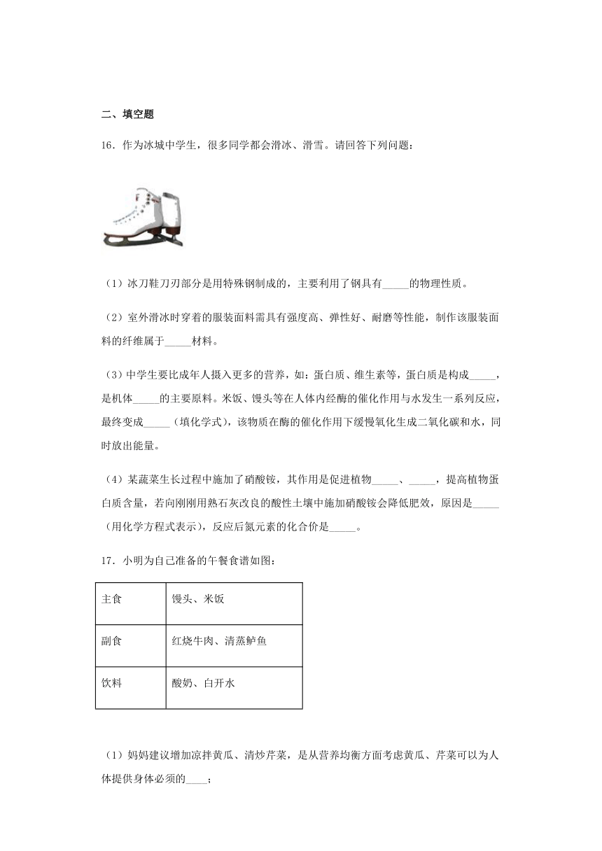 鲁教版化学九年级下册第十单元《化学与健康》测试题（含答案）