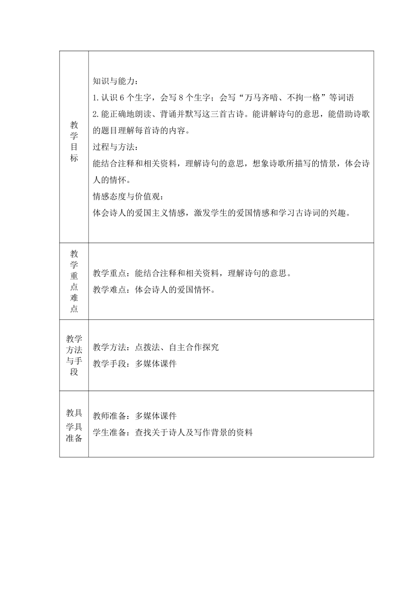 12《古诗三首》精读《题临安邸》教案（表格式）