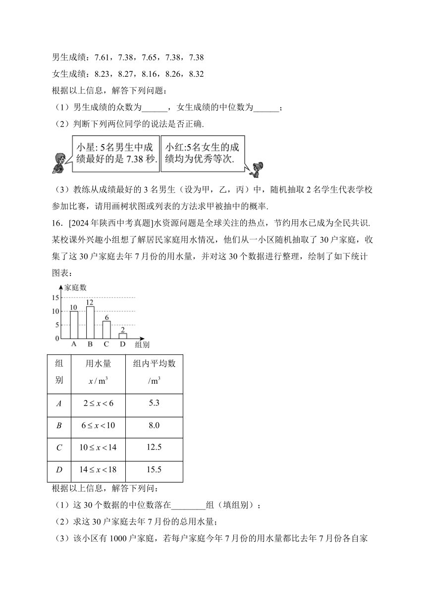 11统计与概率2024年中考数学真题专项汇编含详解