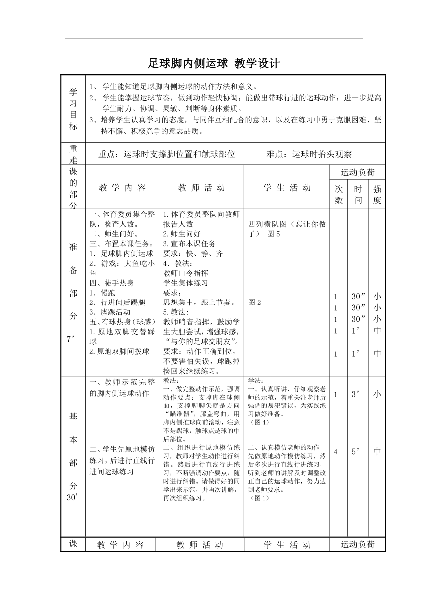第三章足球 足球脚内侧运球 教学设计（表格式） 人教版 八年级