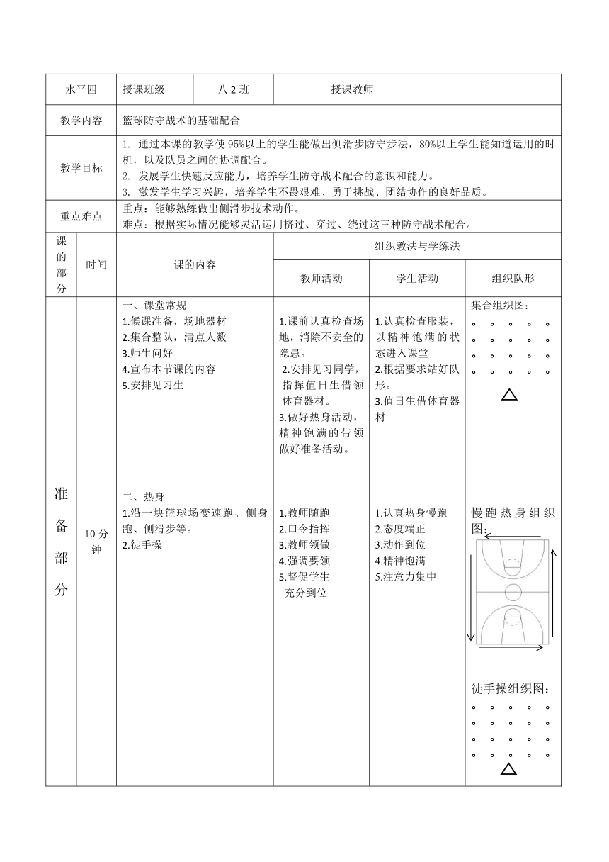 第四章 篮球 篮球防守战术基础配合 教学设计 （表格式）人教版 八年级