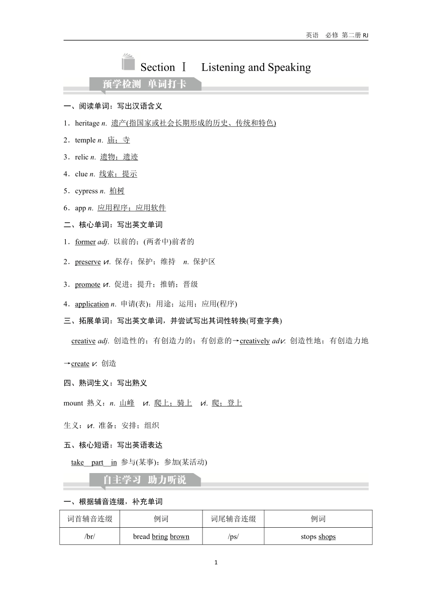 Unit 1 Cultural Heritage Section Ⅰ　Listening and Speaking 课件（共80张）+讲义
