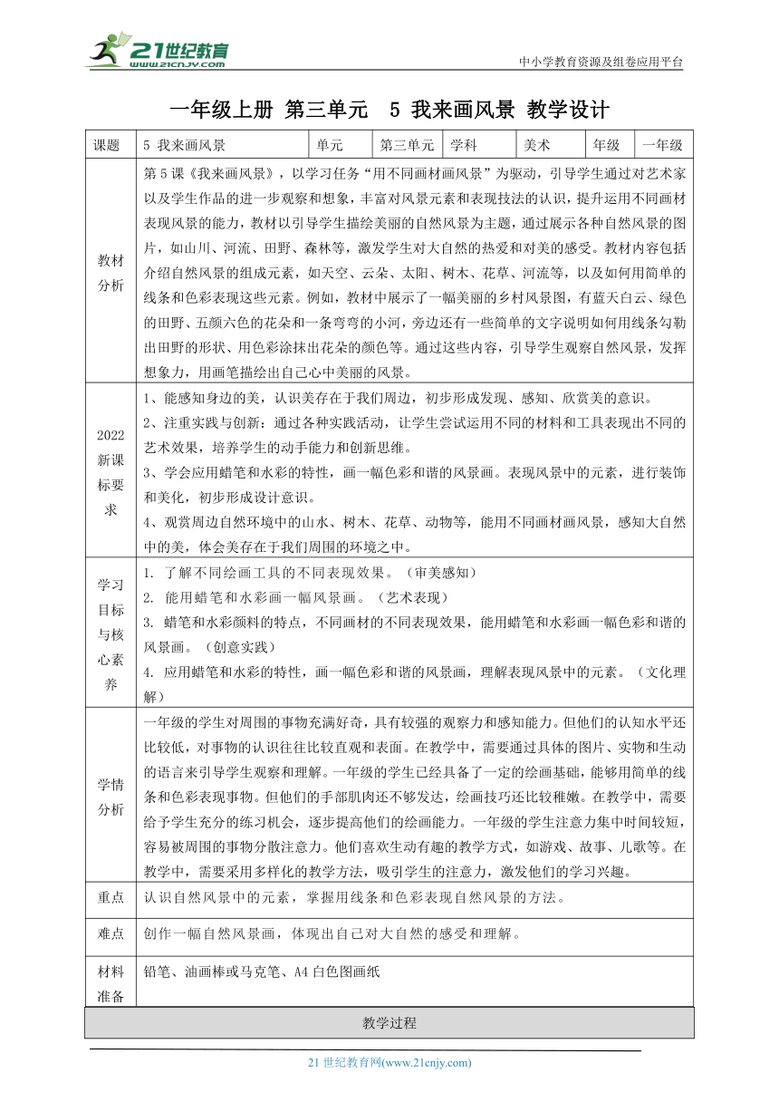 第三单元 5 我来画风景 教学设计+课件（34页）+范作视频+素材【湘美2024版】一年级上册