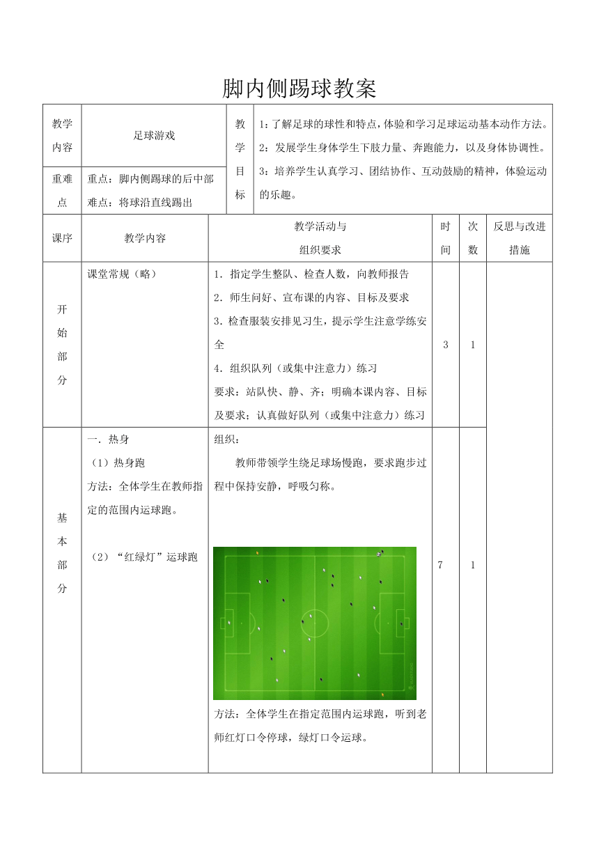 第三章 足球 脚内侧踢球教案（表格式） 人教版 八年级