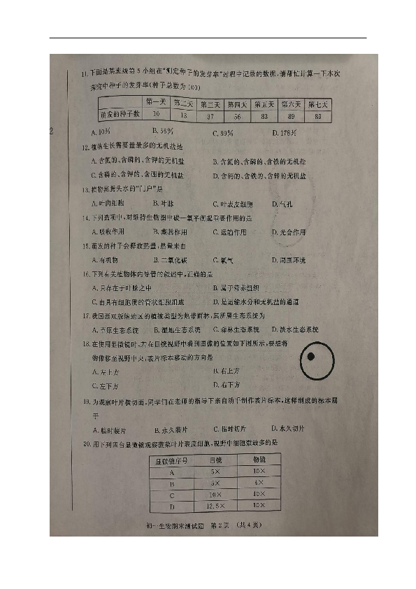 吉林省长春市宽城区2018-2019学年七年级上学期期末考试生物试题（无答案，图片版）