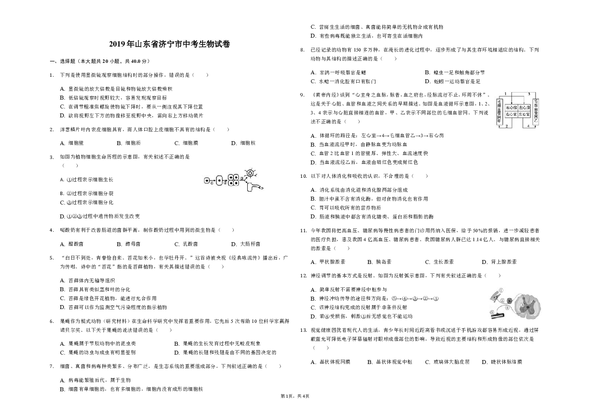 2019年山东省济宁市中考生物试题（Word版含解析）