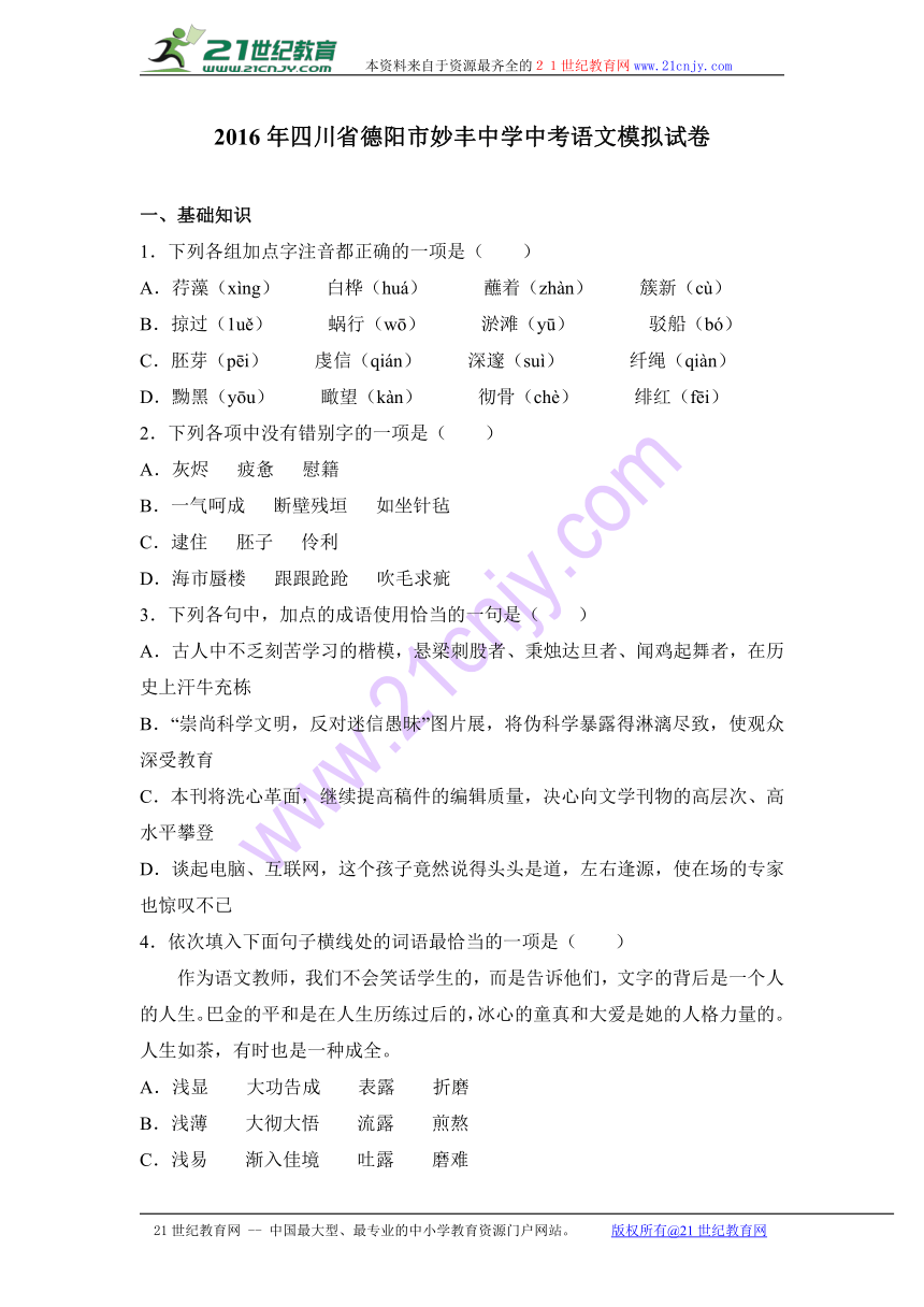 2016年四川省德阳市妙丰中学中考语文模拟试卷（解析版）