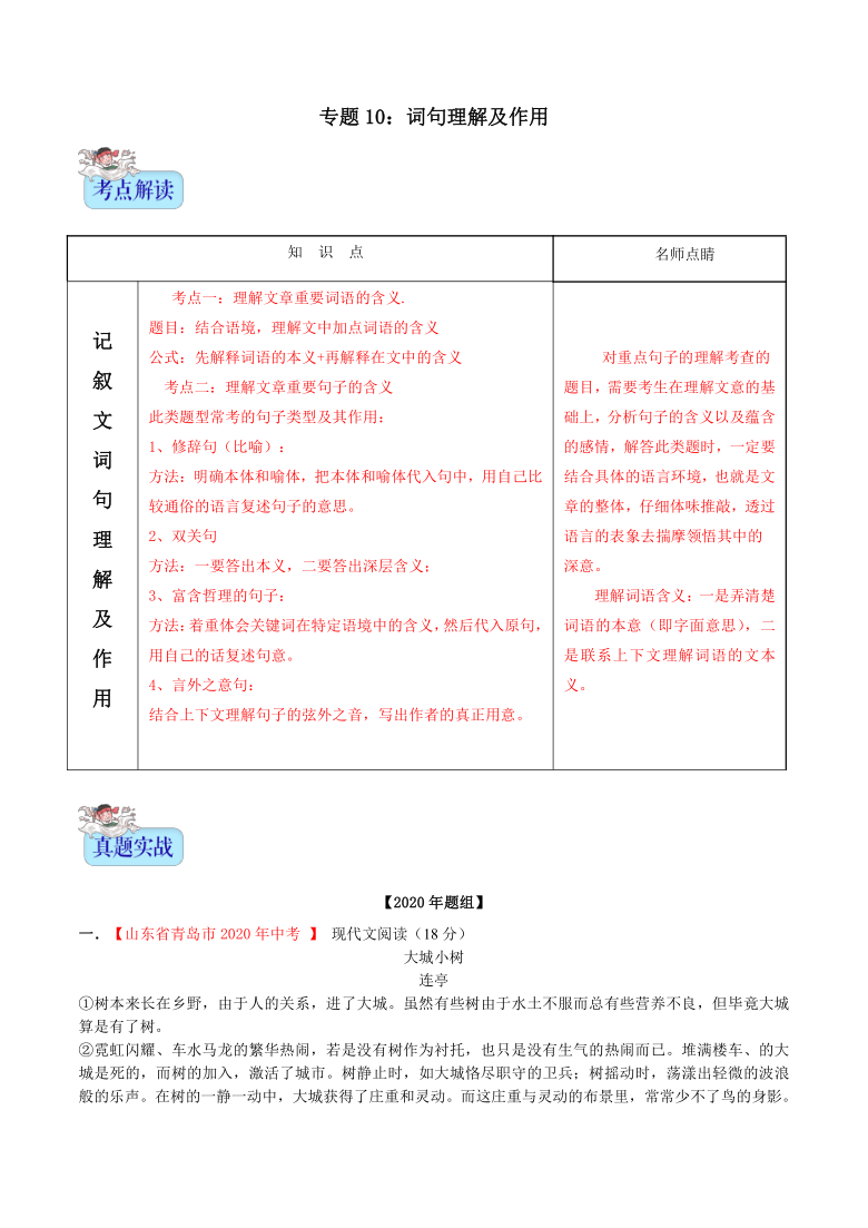 备战2021年中考语文记叙文阅读常考题型专题  10词句理解及作用（含解析）