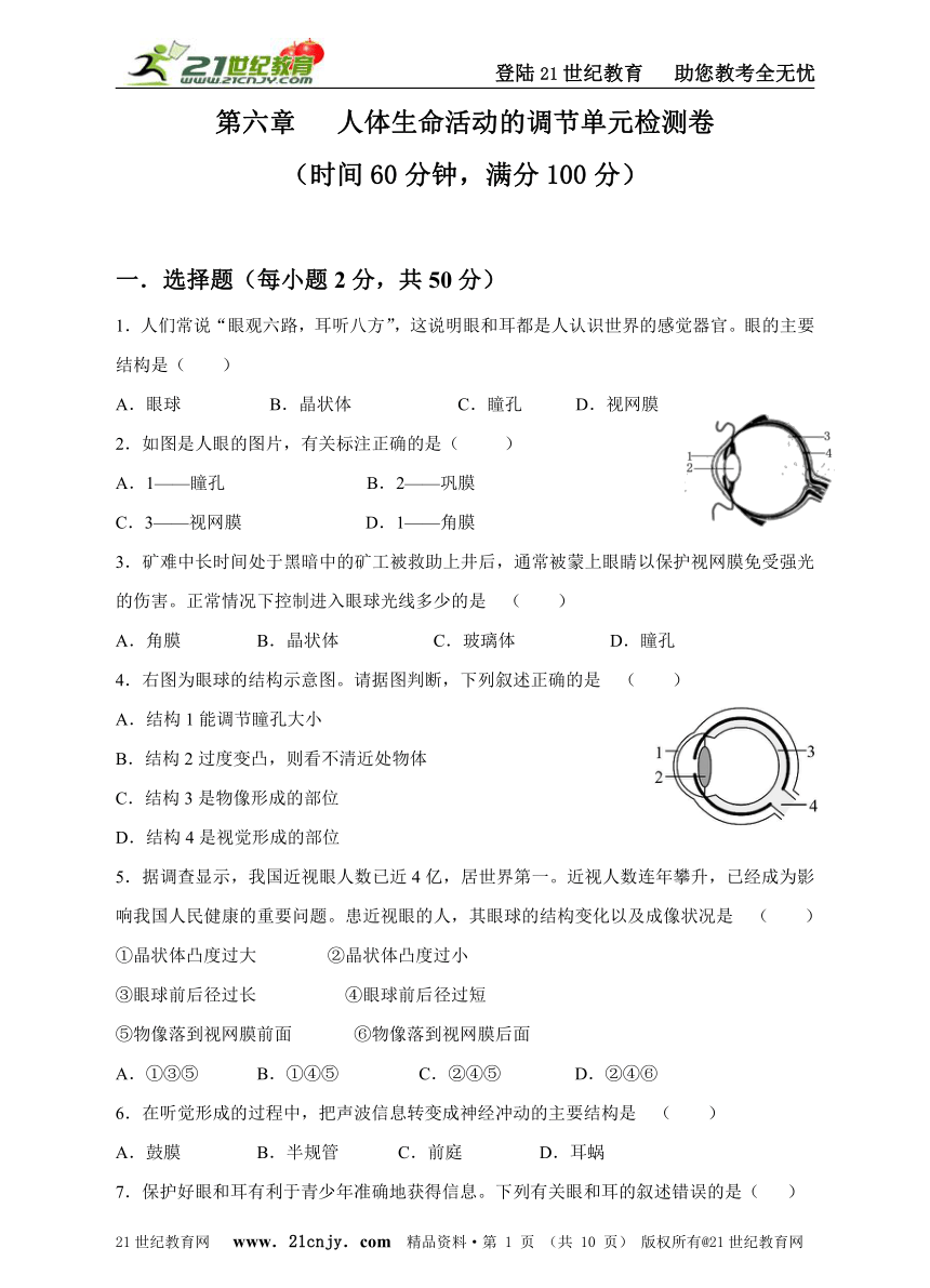 第六章 人体生命活动的调节单元检测卷（含答案）