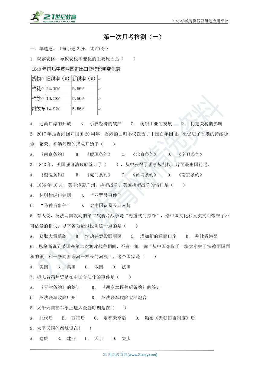 部编版历史八年级上学期第一次月考（1—7课）检测及答案