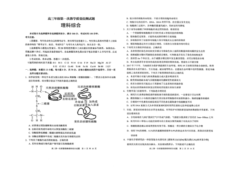 黑龙江省大庆市2021届高三下学期第一次教学质量检测 理科综合 PDF版含答案