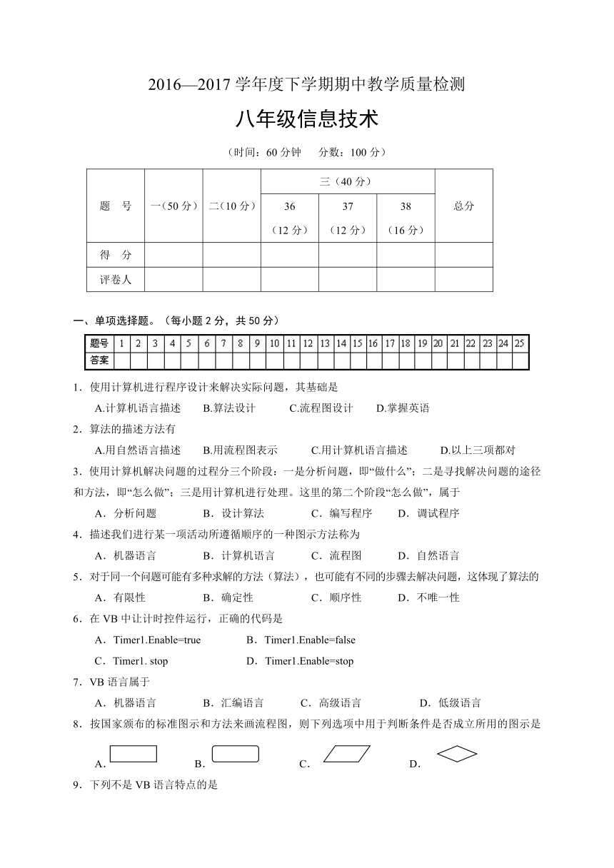 山东省临沂市蒙阴县2016-2017学年八年级下学期期中考试信息技术试题