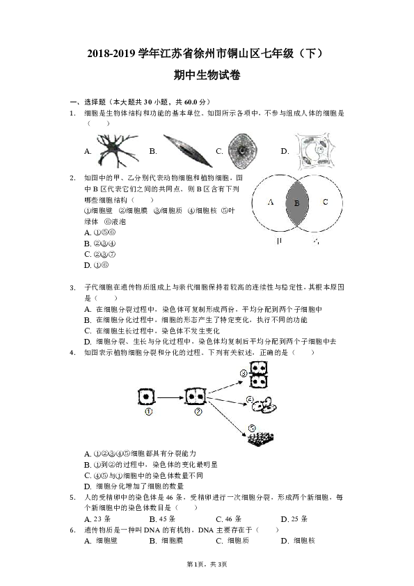 2018-2019学年江苏省徐州市铜山区七年级（下）期中生物试卷（含解析）